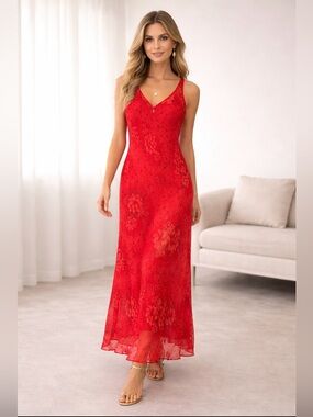 Lord & Taylor Red Floral Slip Dress